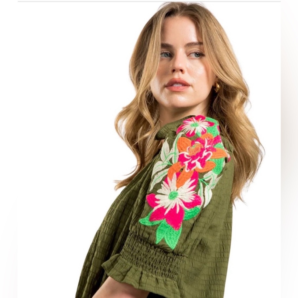 THML Olive Green Top with Floral Embroidery